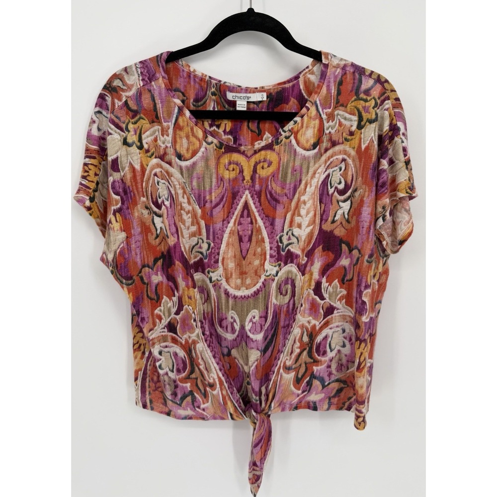 Chico's 100% Linen Paisley Tie-Front Blouse S Resort Summer Boho Chic Eclectic